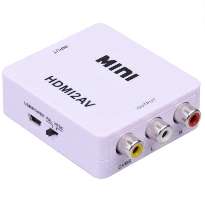HDMI-AV átalakító, kompozit jel, hordozható, kettős kimenet, fehér