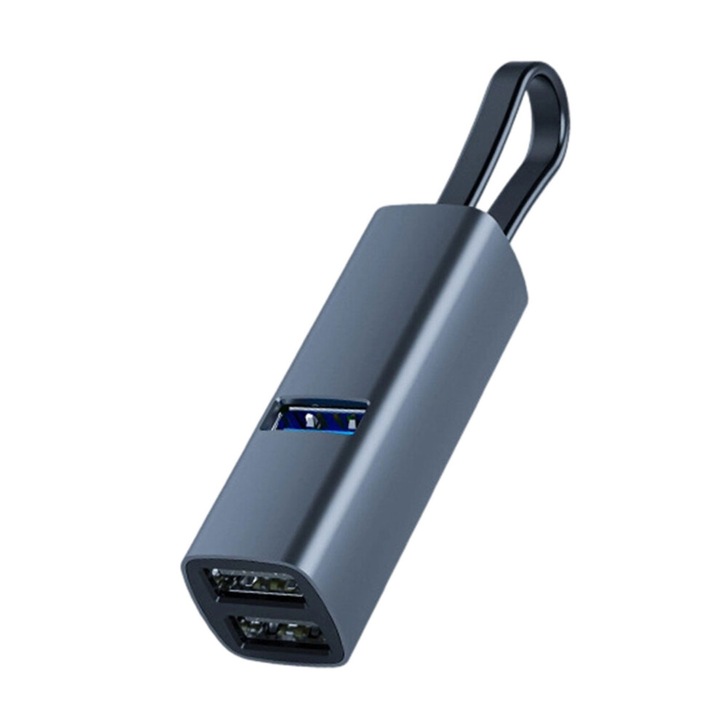 USB-C хъб 3 порта и четец на карти, алуминий, сив, 6.2x2x2см
