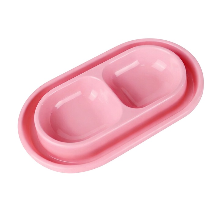 Castron dublu pentru pisici, plastic, roz, 20x15x6cm, antimuste, stabil