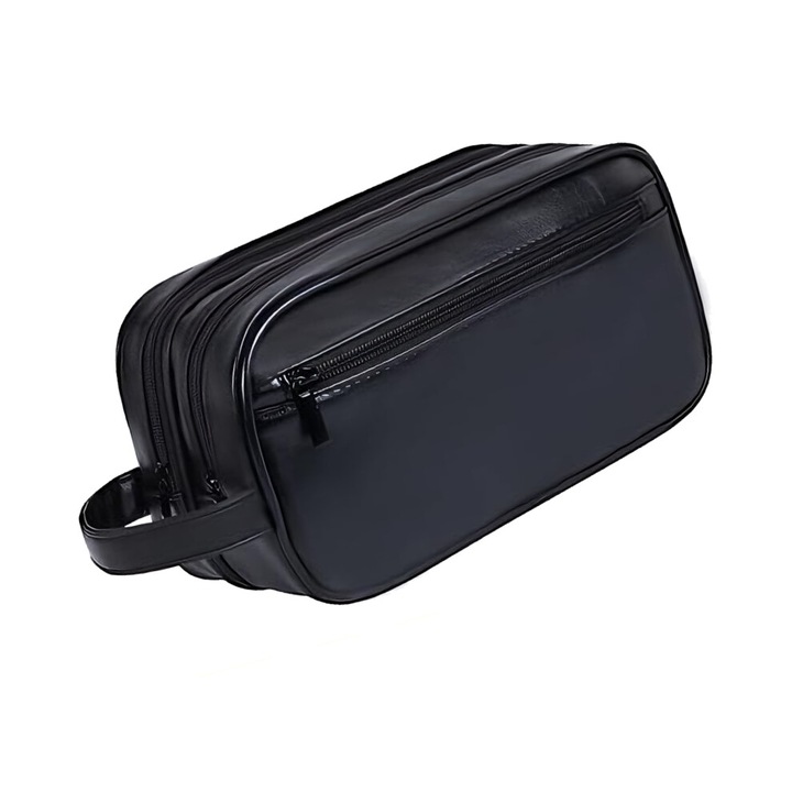 Geanta cosmetica barbati, piele PU, impermeabila, negru, 27x14x10cm