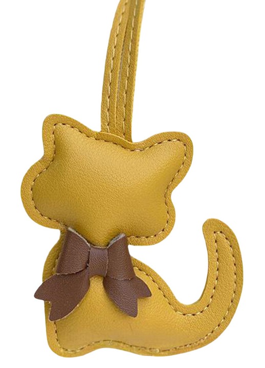 PU bőr macska kulcstartó, sárga masnival, 8.3x7.5cm