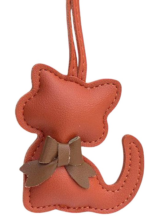 Narancssárga macska részlettel díszített PU bőr masnis kulcstartó 8.3x7.5cm