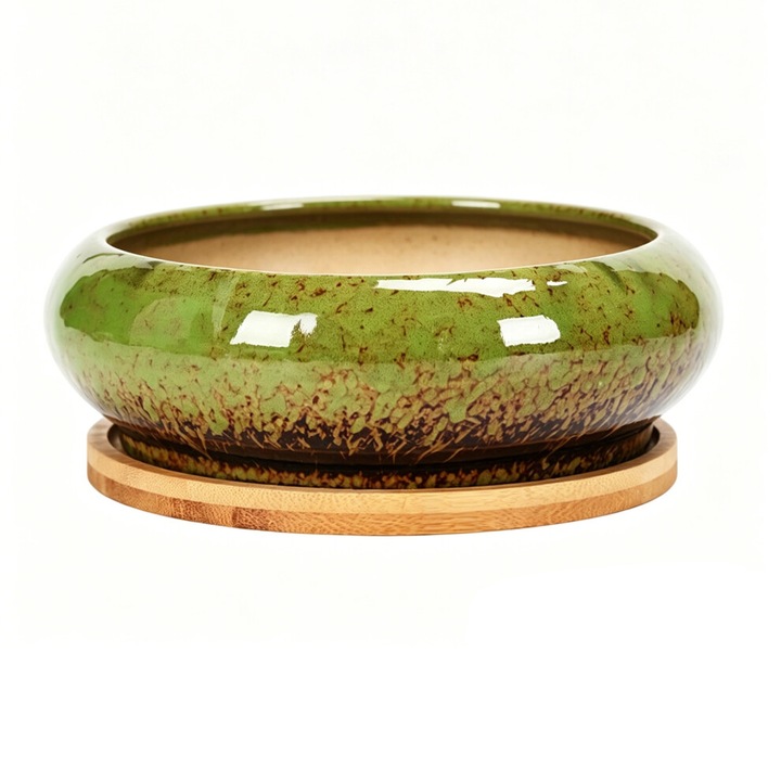 Ghiveci ceramic rotund pentru suculente, 15.6x7.8cm, verde, cu orificiu si tava