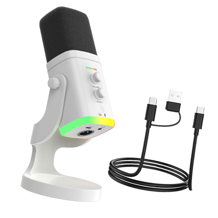 USB mikrofon többszínű fényeffektusokkal, állítható, fehér, 24.5x10.8x10.8cm