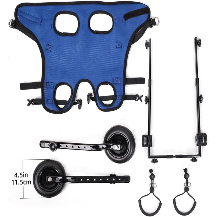 Rehabilitációs kutyakocsi, Excitat®, S méret, asszisztált járás, 3–5.5 kg-os kistestű kutyáknak, Séta Segítő, Könnyű Többirányú Beállítás, Könnyű Alumínium, 2 Kerék, Fekete és Kék