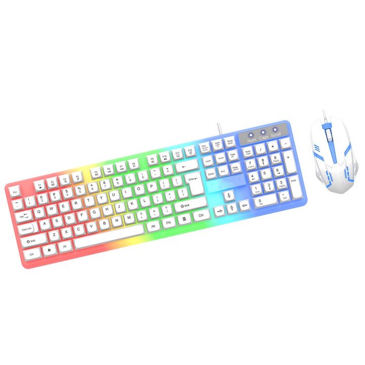 LED-es gaming billentyűzet és egér szett, vezetékes, fehér, 43.6x13.2cm, 12.4cm
