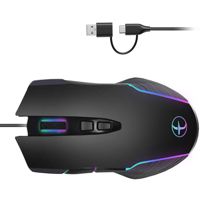 Egér ergonomikus USB C USB A, jiggler, színes világítás, 121x71x40mm