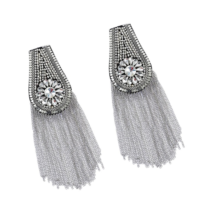 Epoleti cu franjuri metalici si rhinestones, set, argintiu, 7x11x11.5cm