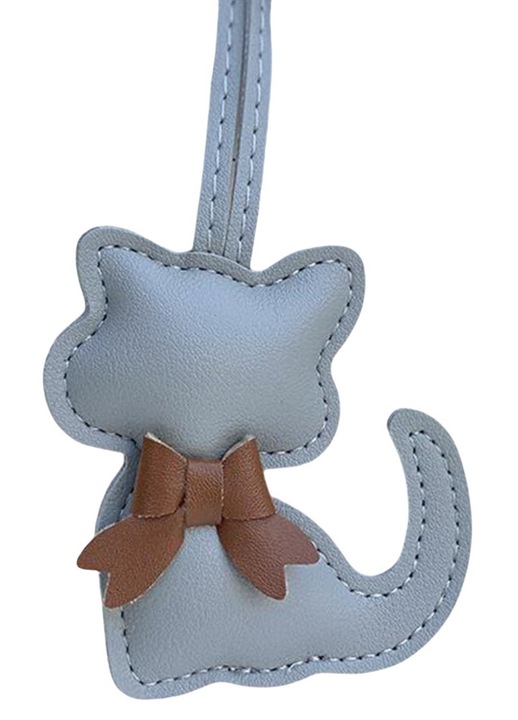 Macska kulcstartó masnival, világosszürke PU bőr, 8.3x7.5cm