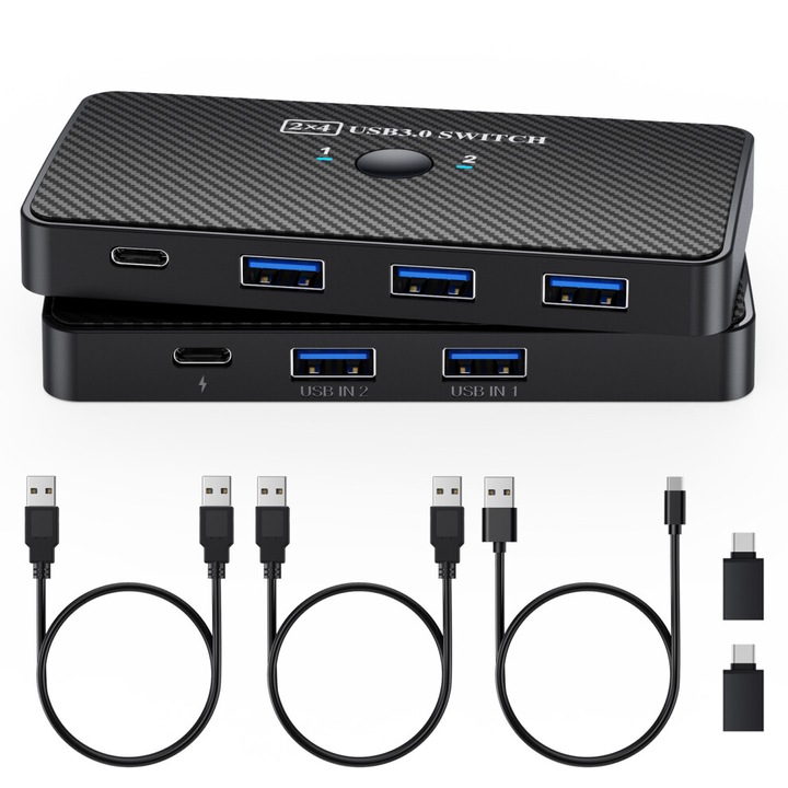 USB3.0 хъб превключвател за два компютъра, черен, 10.5x5.3x1.6cm
