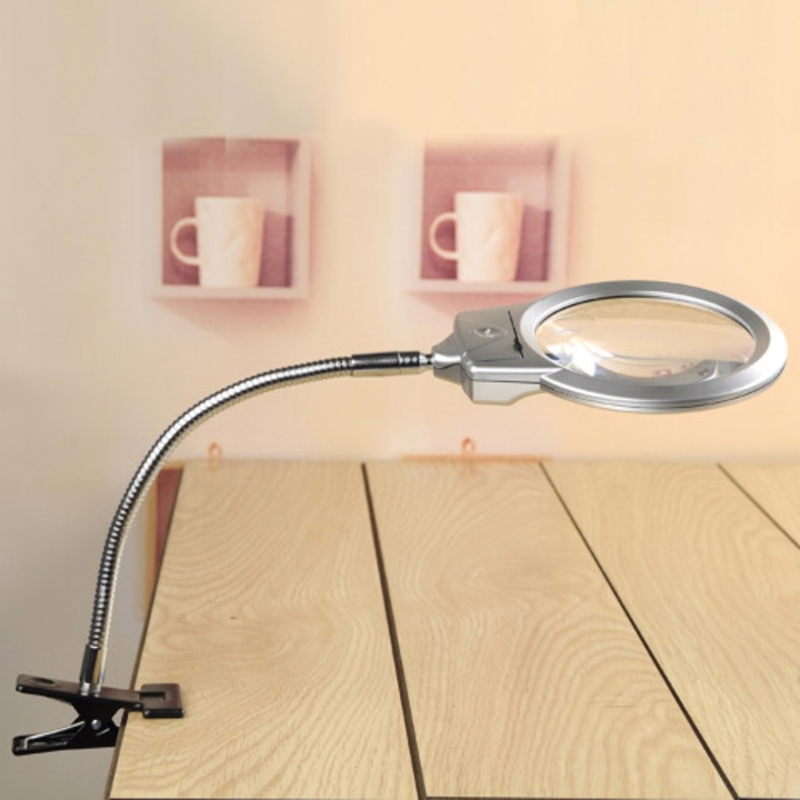 Lampa de birou cu lupa LED, marire 2X-5X, lentila mare, alba, ajustabila