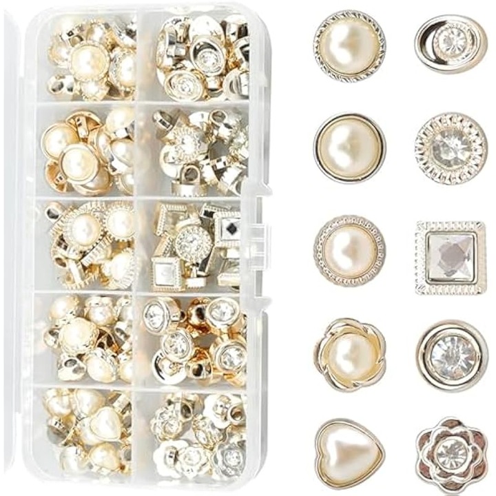 Set 100 nasturi plastic, forme mixte, perle si diamante, 9.5x11mm