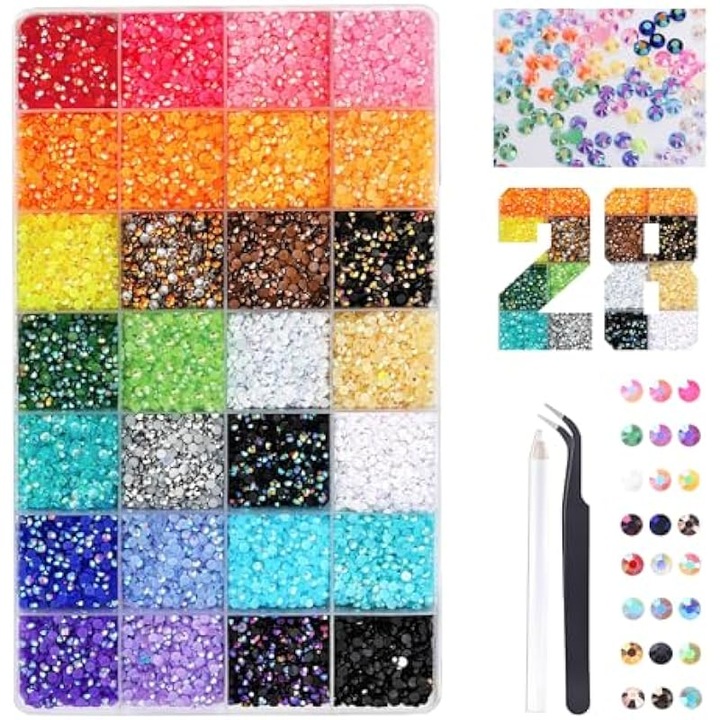 Set 28000 pietre stralucitoare 3mm multicolor pentru decorare unghii si haine cu penseta