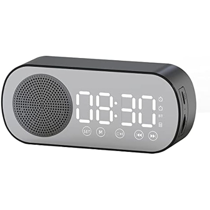 Преносим цифров будилник с FM радио и голям LED екран, черен, компактен