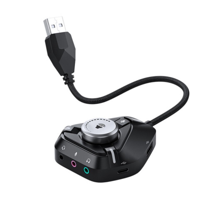 Külső hangkártya, USB adapter, 6x6.7cm, fém, sztereó, fekete