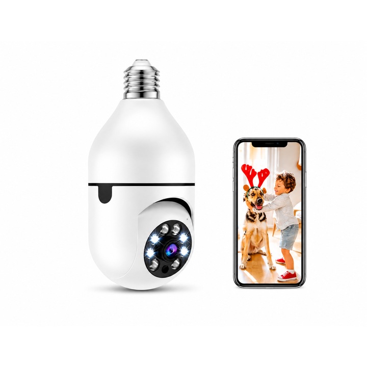 Camera Video Wireless Tip Bec E27, 3MP 2K Ultra HD, WiFi 2.4 & 5GHz, Night Vision, Alarma, Microfon si Difuzor Integrat, ALB
