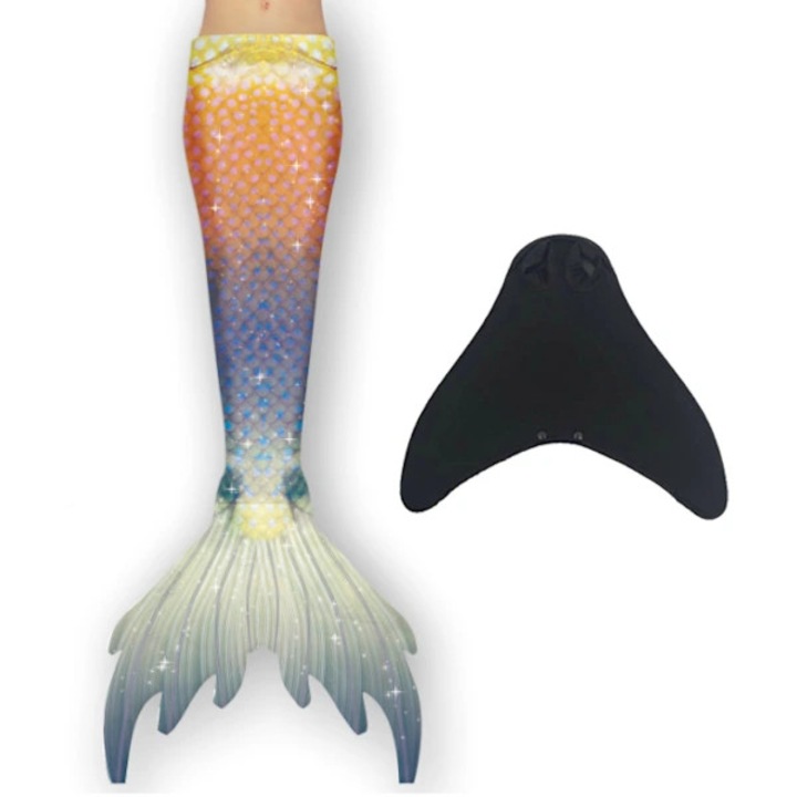 Coada de sirena, costum sirena pentru copii, din poliester si elastan, set complet cu monofin si imprimeu 3D, portocaliu/albastru, 130