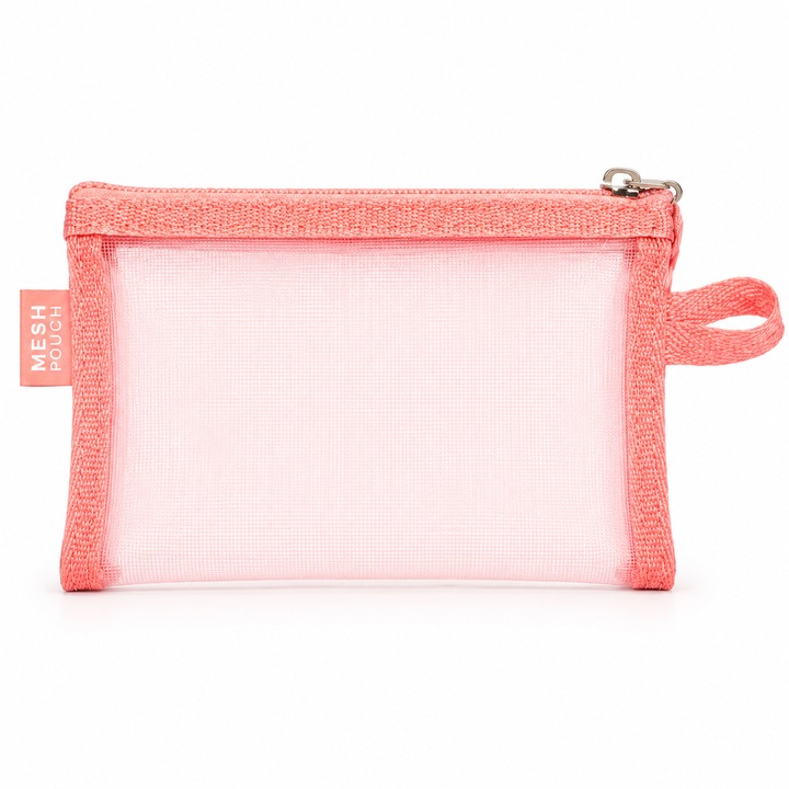 Penar din Plasa cu Fermoar 22x12 cm, 1 Compartiment, Transparent, Organizator Rechizite, Borseta Documente, Portfard Cosmetic, Penar Scolar, Accesorii Birou, Roz deschis