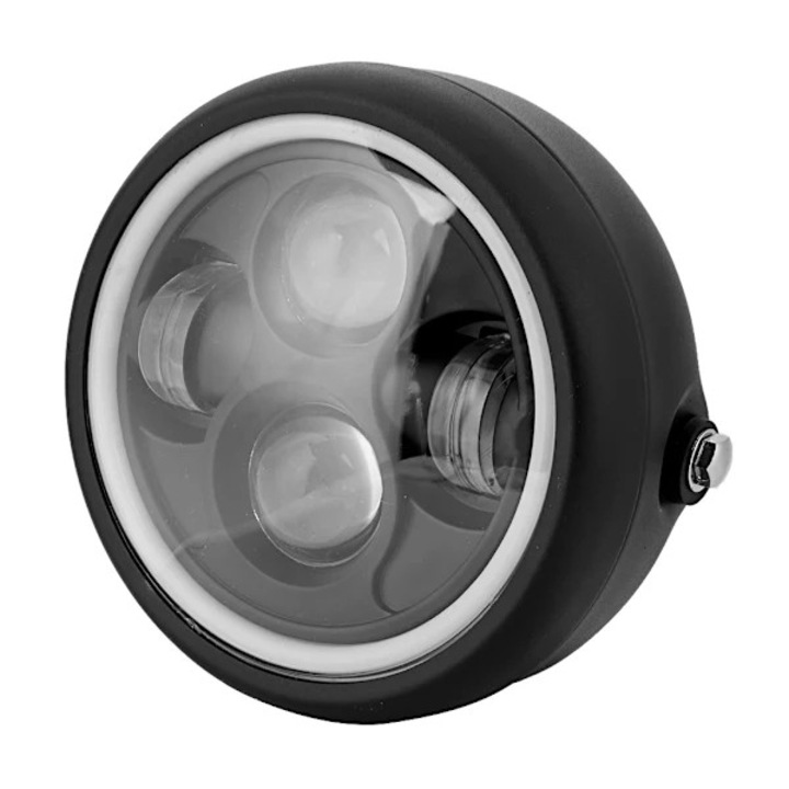 LED fényszóró univerzális motorkerékpárhoz / Retro első lámpa, alumínium ház, PC lencse, szuper fényes LED, könnyű hegesztés nélküli rögzítés, fekete, 16 cm, 1 db