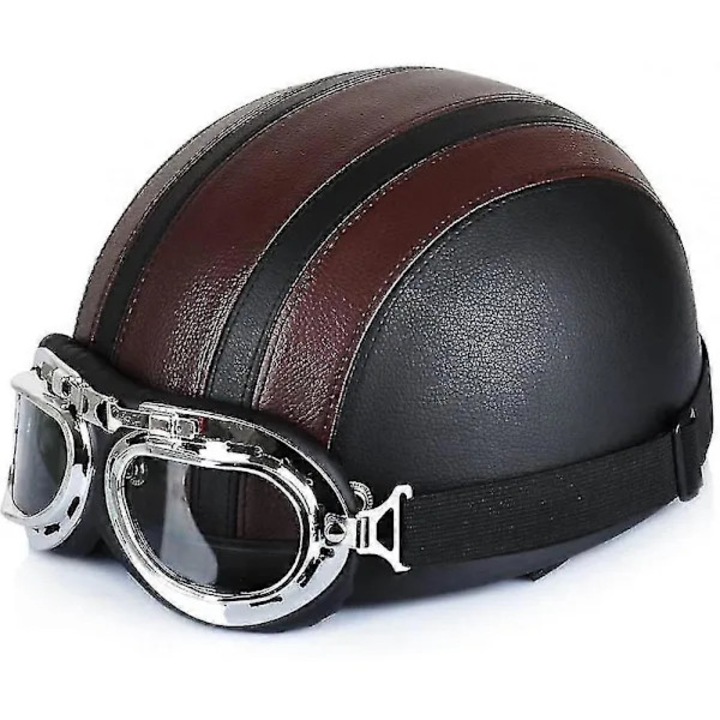 Casca motocicleta open face piele cu ochelari anti-UV retro vintage, marime 54-6