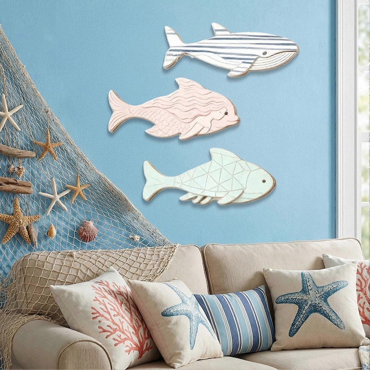 Set 3 tablouri peste, decor ocean, lemn, 20x7.87cm, multicolor