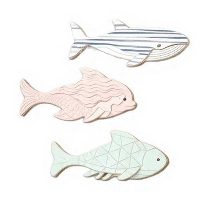 Set 3 tablouri peste, decor ocean, lemn, 20x7.87cm, multicolor