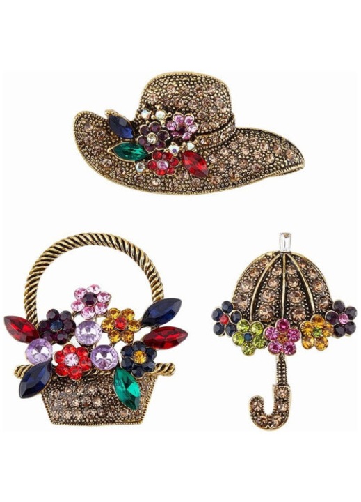 Set brose din aliaj placat cu aur, 3 piese, palarie, umbrela si cos cu flori, strasuri multicolore
