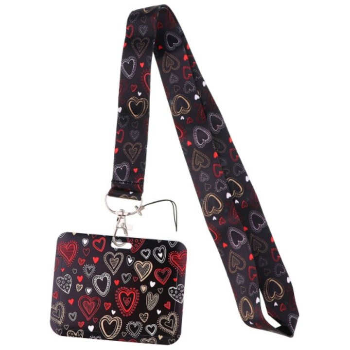 Snur pentru ecuson (lanyard) din poliester cu suport ABS, carabina metalica, portcard rigid pentru 2 carduri, imprimeu inimioare, multicolor, unica