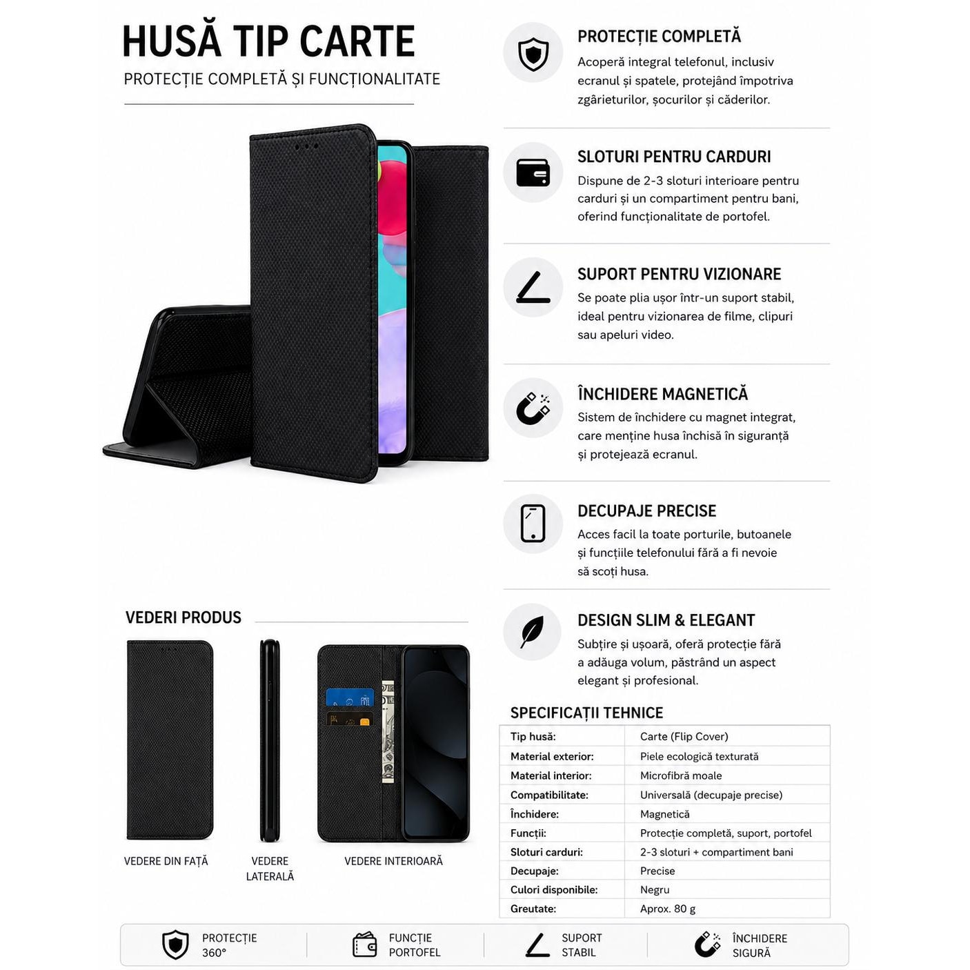 Husa protectie Tip Carte, Mat-Tech compatibila cu Samsung Galaxy S26 Ultra, Inchidere Magnetica, Buzunar interior pentru card, Protectie Completa, Functie de Stand, Negru