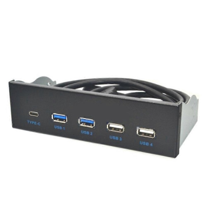 USB elosztó 5.25 hüvelykes, 2 USB 3.0, 2 USB 2.0, 1 USB-C, fekete, 80cm