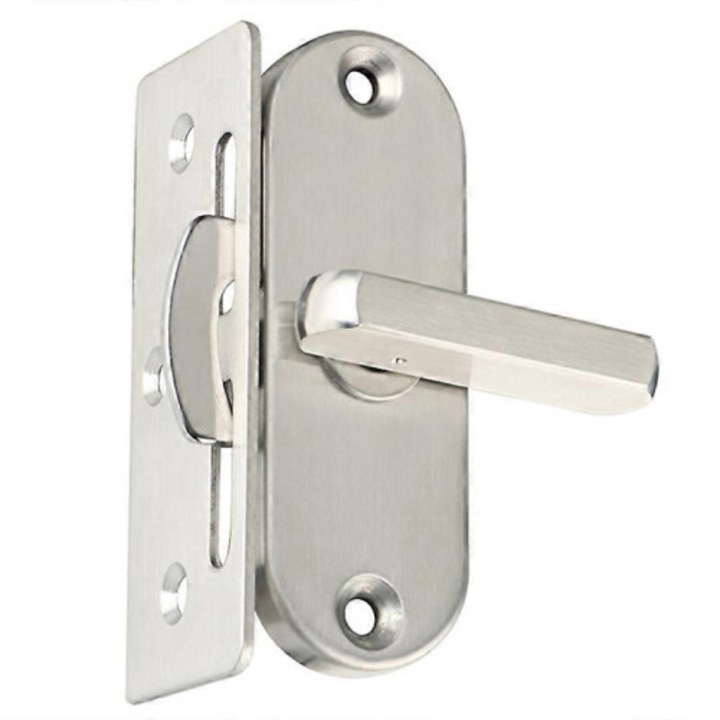 Zavor/incuietoare 90° pentru usi culisante, compatibil usi aluminiu-lemn si hambar, din otel inoxidabil, cu finisaj lustruit anti-rugina, rabatabil, argintiu, 1 buc, 8.5x3.5 cm