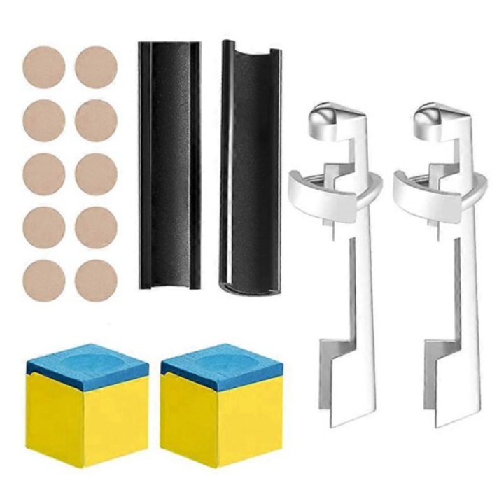 Set reparare tac biliard 18 piese, cleme inox, varfuri piele, creta