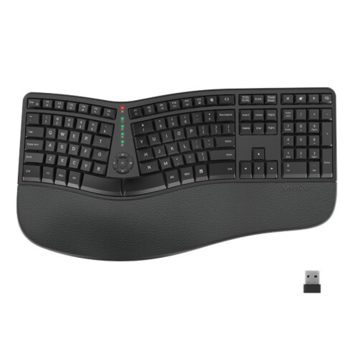Ergonomikus vezeték nélküli 2.4G billentyűzet, osztott, ívelt kialakítás, fekete