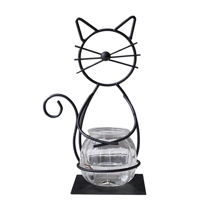 Ornament decorativ suport sticla hidroponie pisica, fier, transparent, 28.5x12cm
