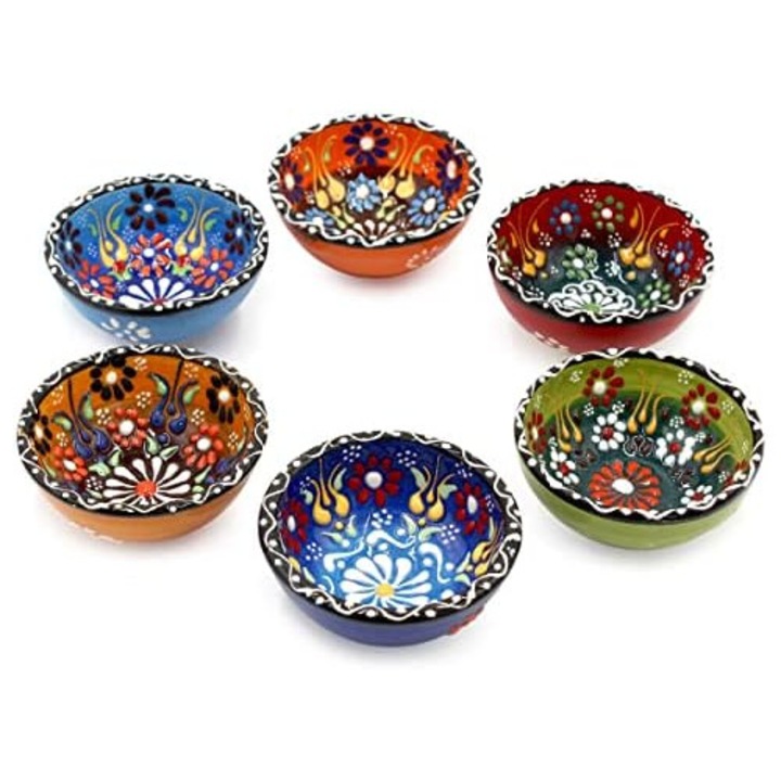 Set 6 boluri decorative din ceramica pictate manual, mini castroane turcesti in relief 8 cm, set servire sosuri si gustari multicolor