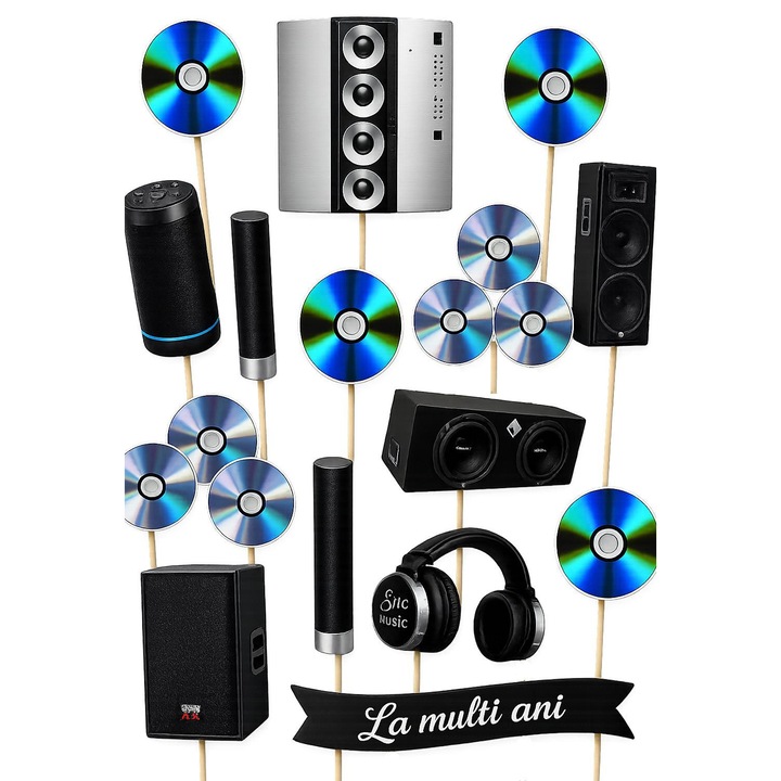 Set toppere tort MUZICA DJ, DecoParty, 15 figurine, carton, suporti din lemn inclusi