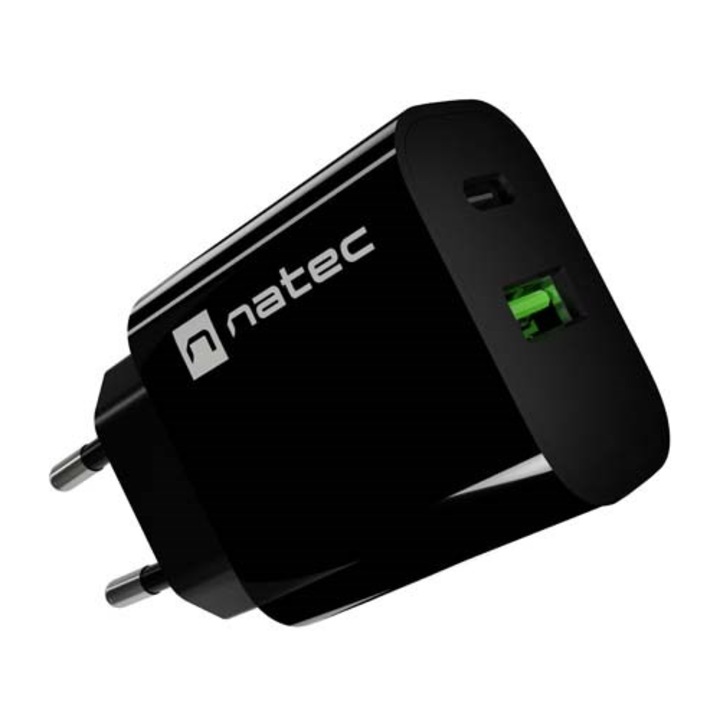 Incarcator Natec RIBERA 1X USB-A + 1X USB-C 20W Negru