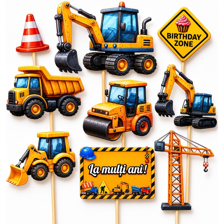 Set toppere tort UTILAJE DE CONSTRUCTII, DecoParty, 9 figurine, carton, suporti din lemn inclusi