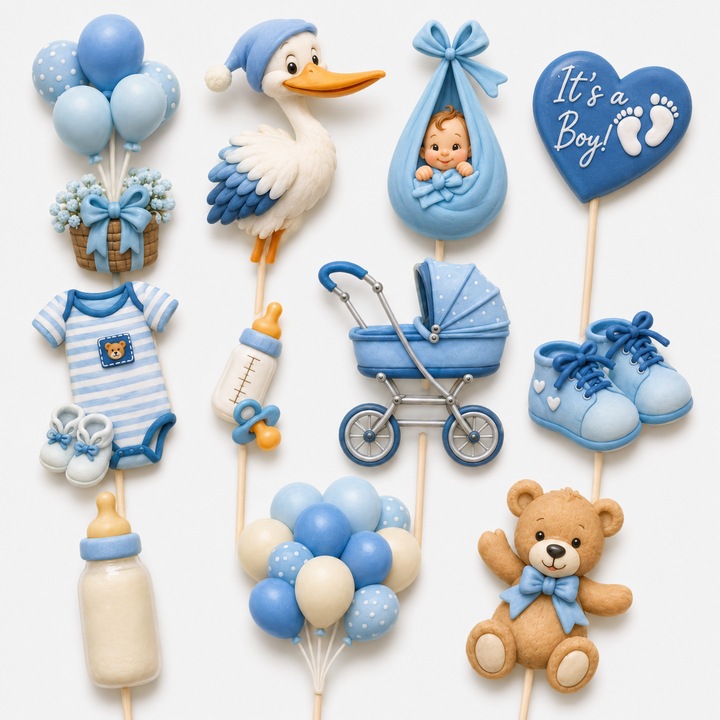 Set toppere tort NOU NASCUT B, DecoParty, 11 figurine, carton, suporti din lemn inclusi