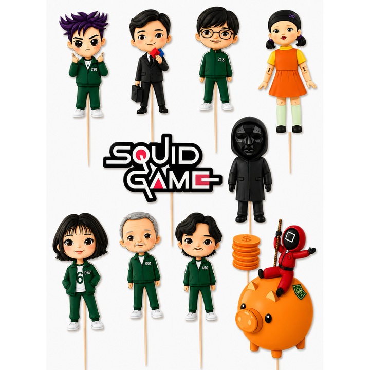 Set toppere tort SQUID GAME, DecoParty, 11 figurine, carton, suporti din lemn inclusi
