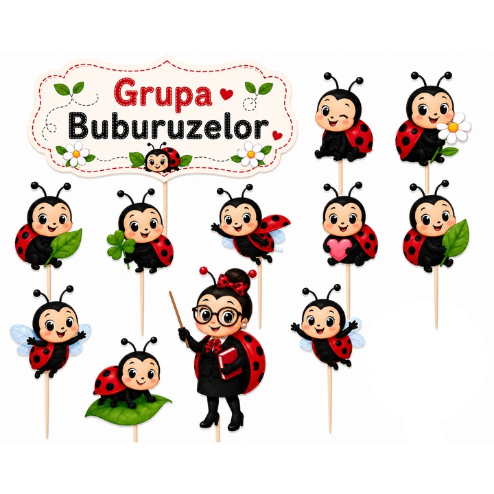 Set toppere tort Absolvire Gradinita Grupa buburuzelor, DecoParty, 12 figurine, carton, suporti din lemn inclusi