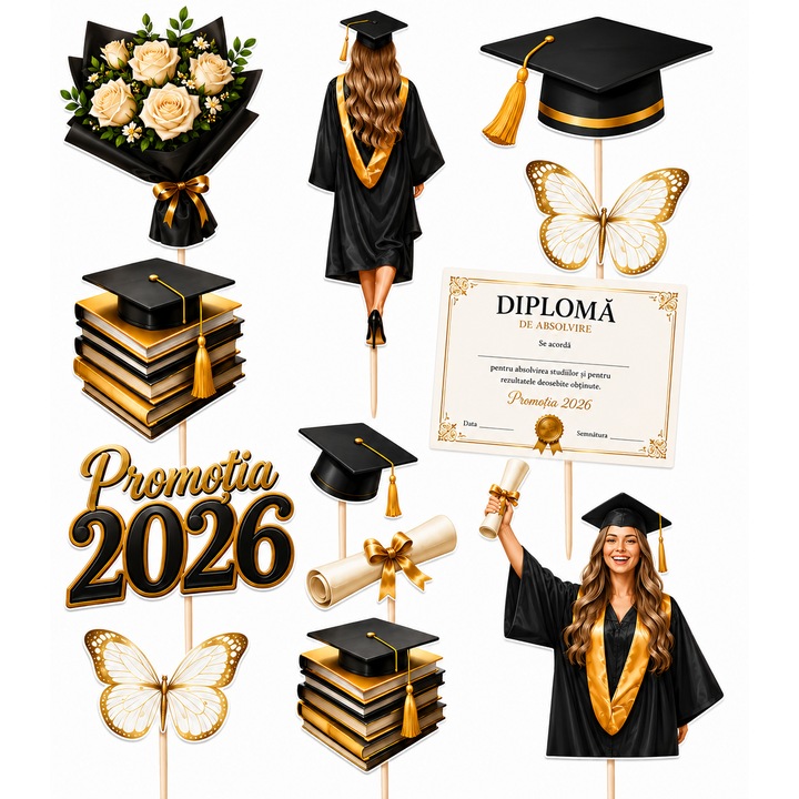Set toppere tort Absolvire Facultate / Scoala v2, DecoParty, 12 figurine, carton, suporti din lemn inclusi