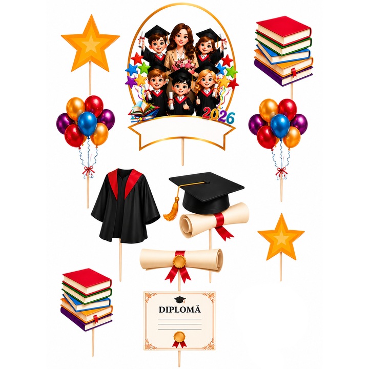 Set toppere tort Absolvire scoala primara v2, DecoParty, 11 figurine, carton, suporti din lemn inclusi