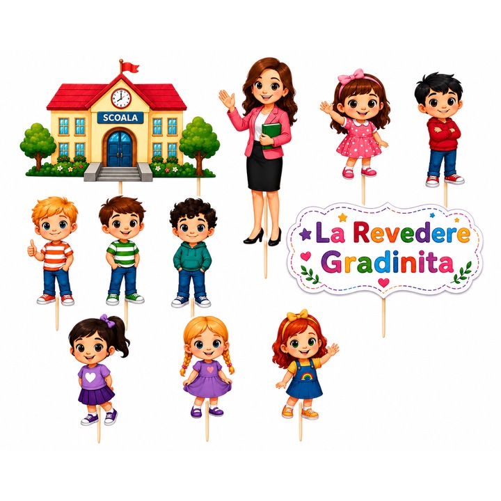 Set toppere tort Absolvire gradinita, DecoParty, 11 figurine, carton, suporti din lemn inclusi