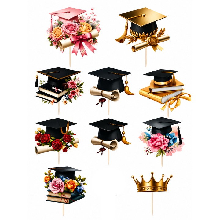Set toppere tort Absolvire facultate / scoala v3, DecoParty, 10 figurine, carton, suporti din lemn inclusi