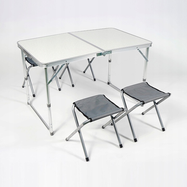 Masa camping pliabila 120x60x55cm alba set cu 4 scaune poliester
