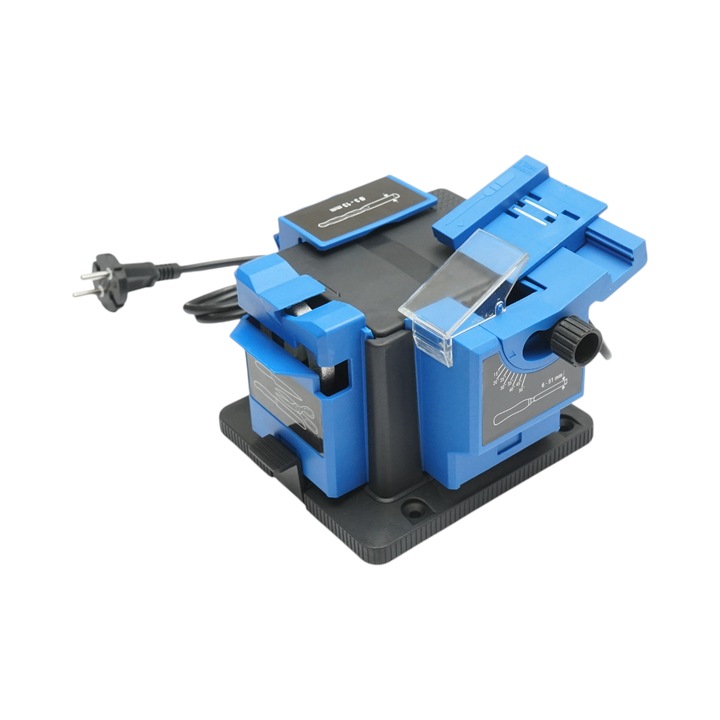 Elektromos késélező gép 220V, 65W, 7000rpm, 15-50°-os szög, 6-51mm élezési szélesség, 3-13mm fúrókhoz, ollókhoz, vésőkhöz, gyalukhoz
