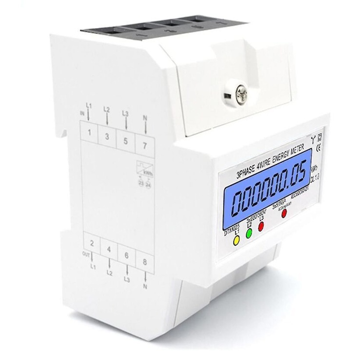Háromfázisú energiamérő 220/380 V 5-80 A, megvilágított LCD kijelző, DIN sínre szerelhető, átlátszó 10x7.6x6.5cm