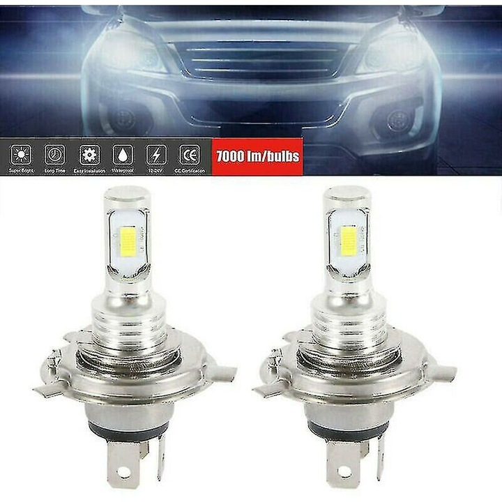 Set 2 Becuri LED H4, 7000lm, 6000K, 7.5x4.5cm, aluminiu