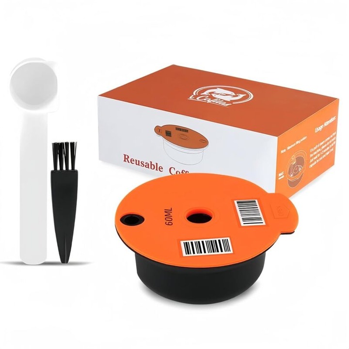 Capsule cafea reutilizabile, 60 ml, inox si silicon, set cu lingurita si perie
